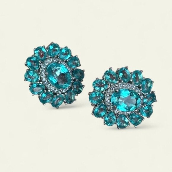 925 Sterling Silver Jewelry Set with Natural Paraiba Topaz Gemstone & Cz - Picture 3 of 14